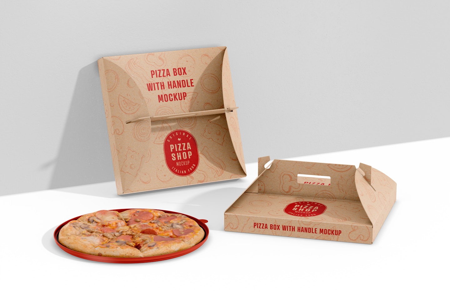 Pizza Boxes with Handle Mockup, Leaned