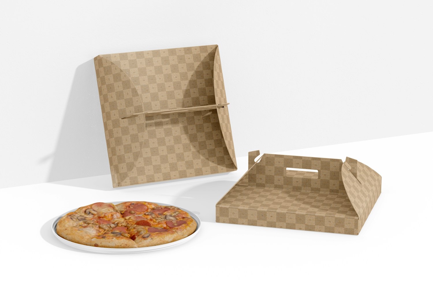 Pizza Boxes with Handle Mockup, Leaned