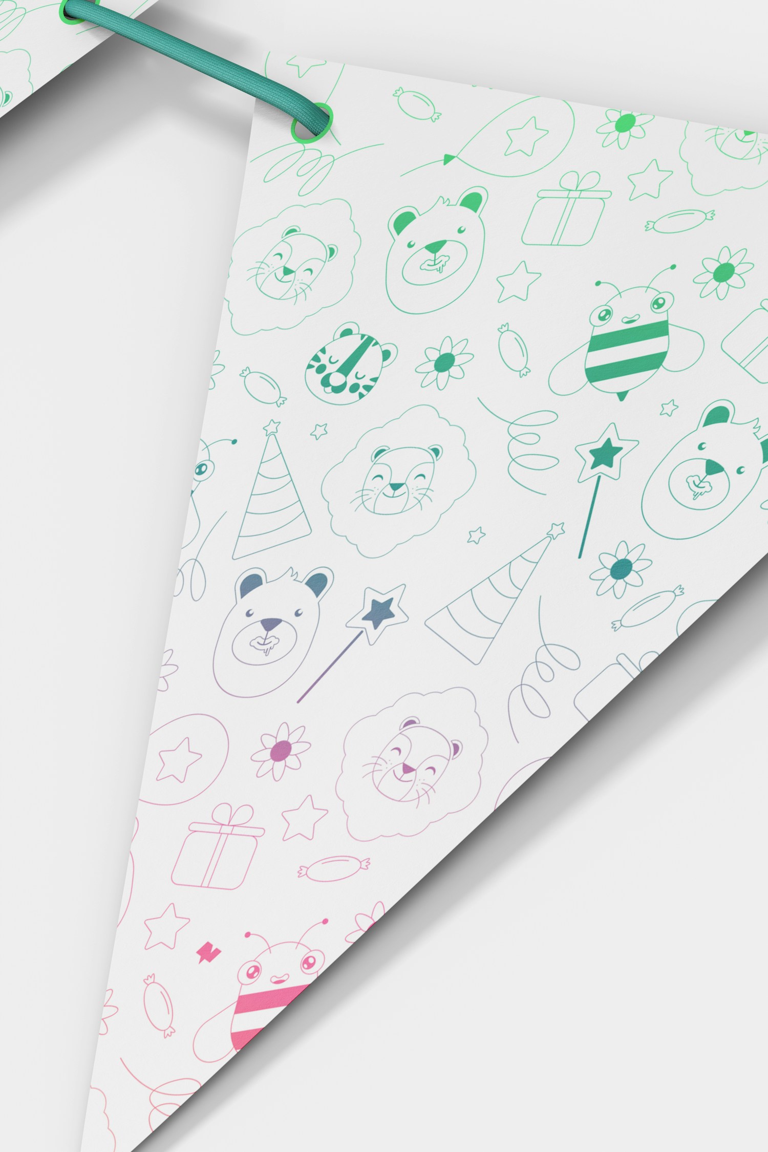 Triangle Festive Flags Garland Mockup, Close Up Triangle Festive Flags Garland Mockup, Close Up