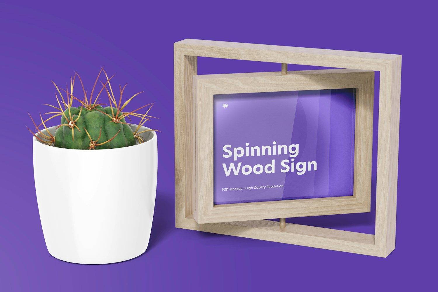 Spinning Wood Frame Sign with Pot Plant Mockup