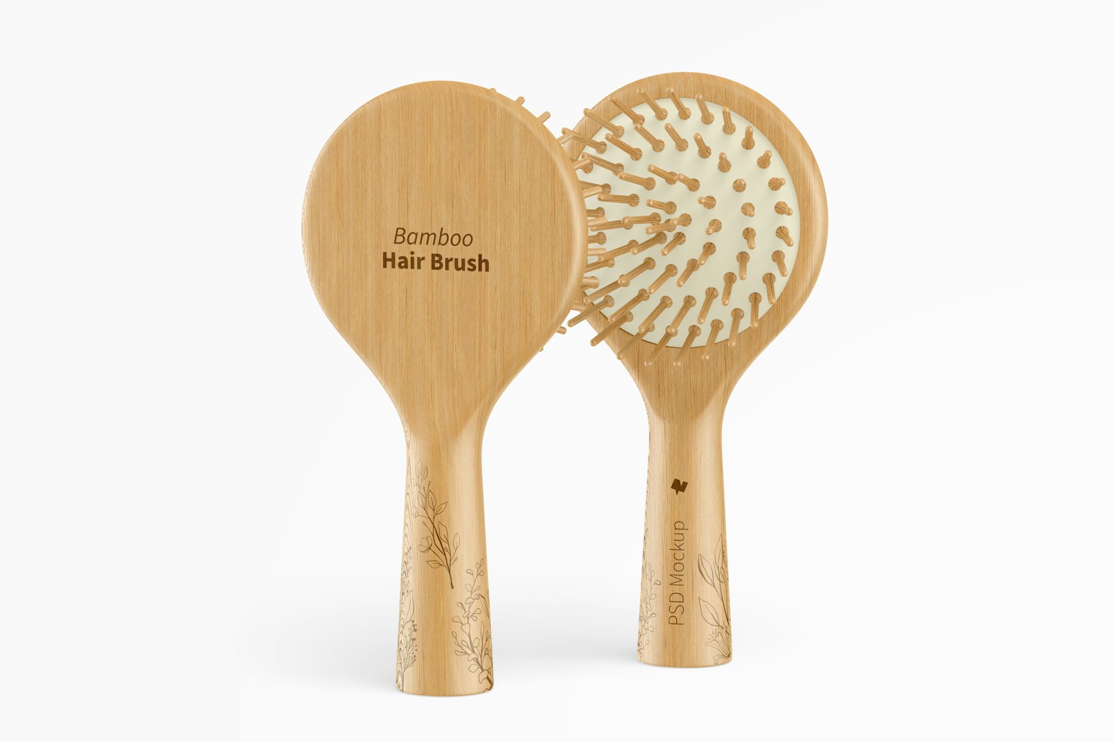 Round Bamboo Hair Brushes Mockup, Back and Front View