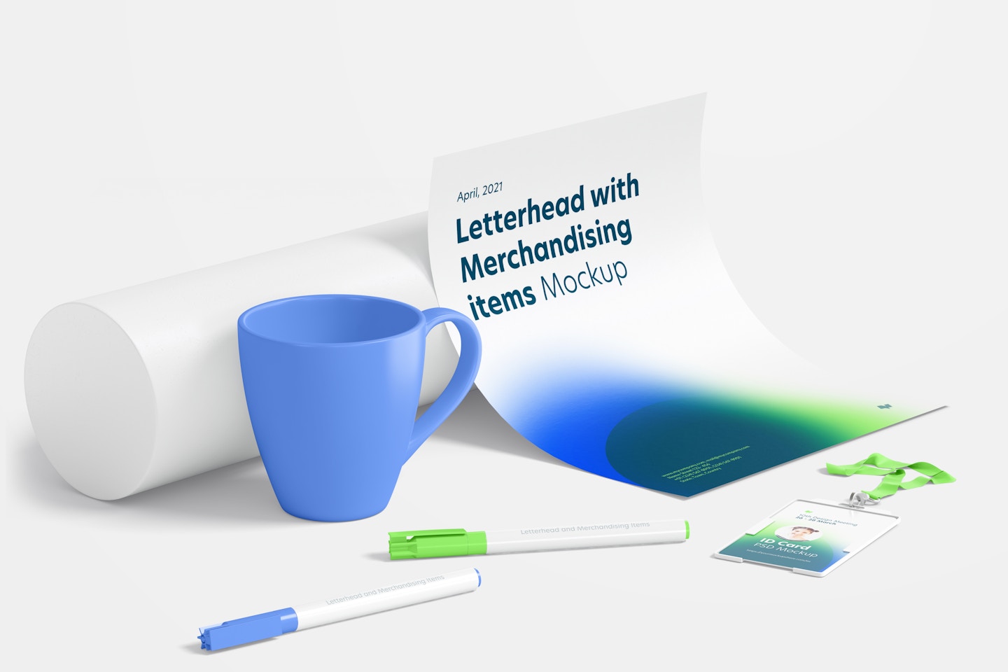 Letterhead and Merchandising Items Mockup, Side View