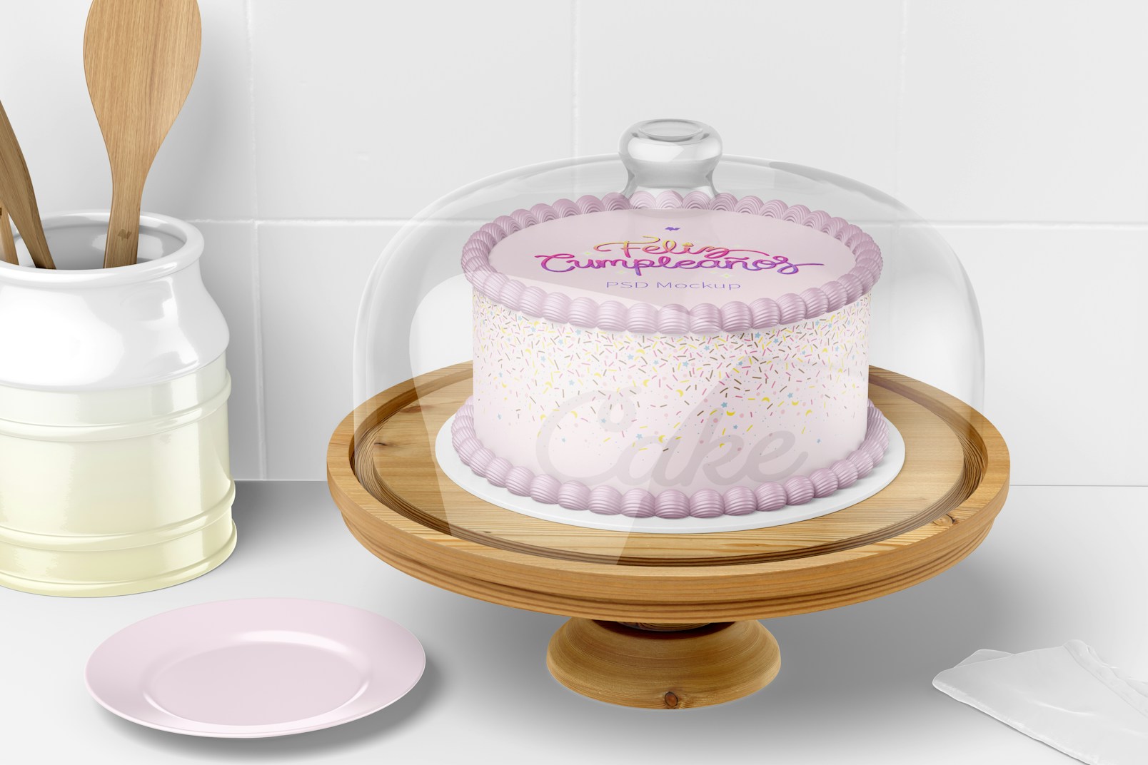 Cake Stand with Dome Lid Mockup, Perspective