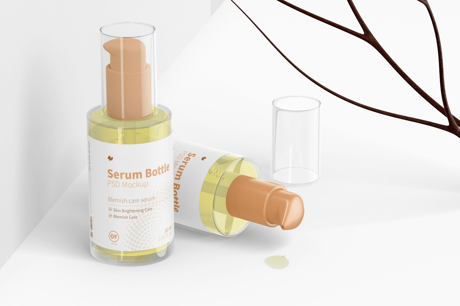 50 ml Glass Pump Serum Bottle Mockup, Standing and Dropped