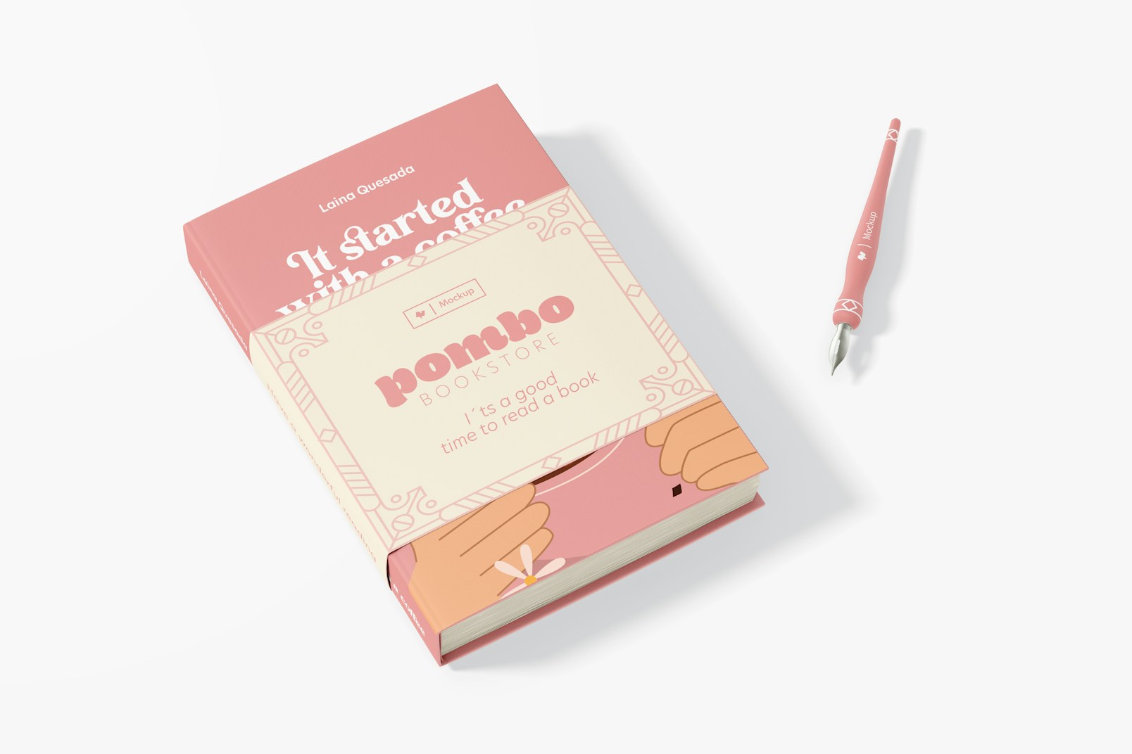Book with Label and Pen Mockup