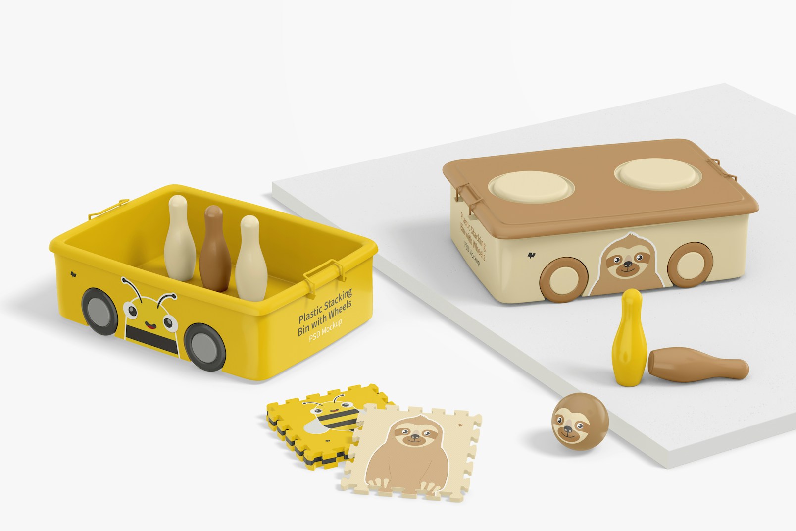 Small Plastic Stacking Bin with Wheels and Toys Mockup