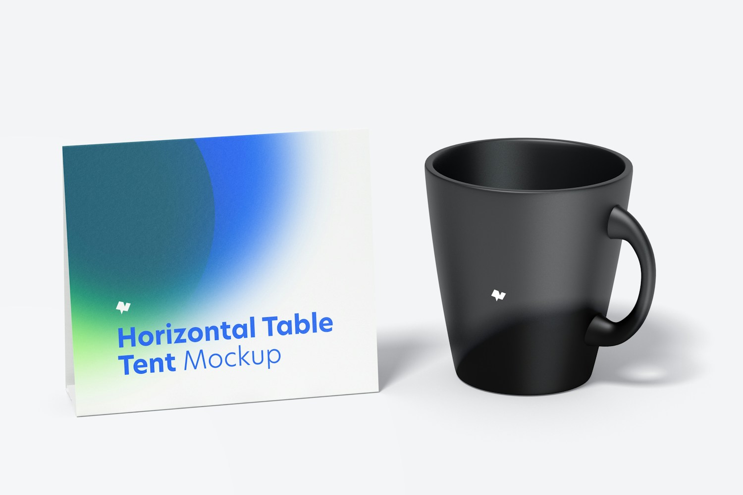 Horizontal Table Tent Card with Mug Mockup