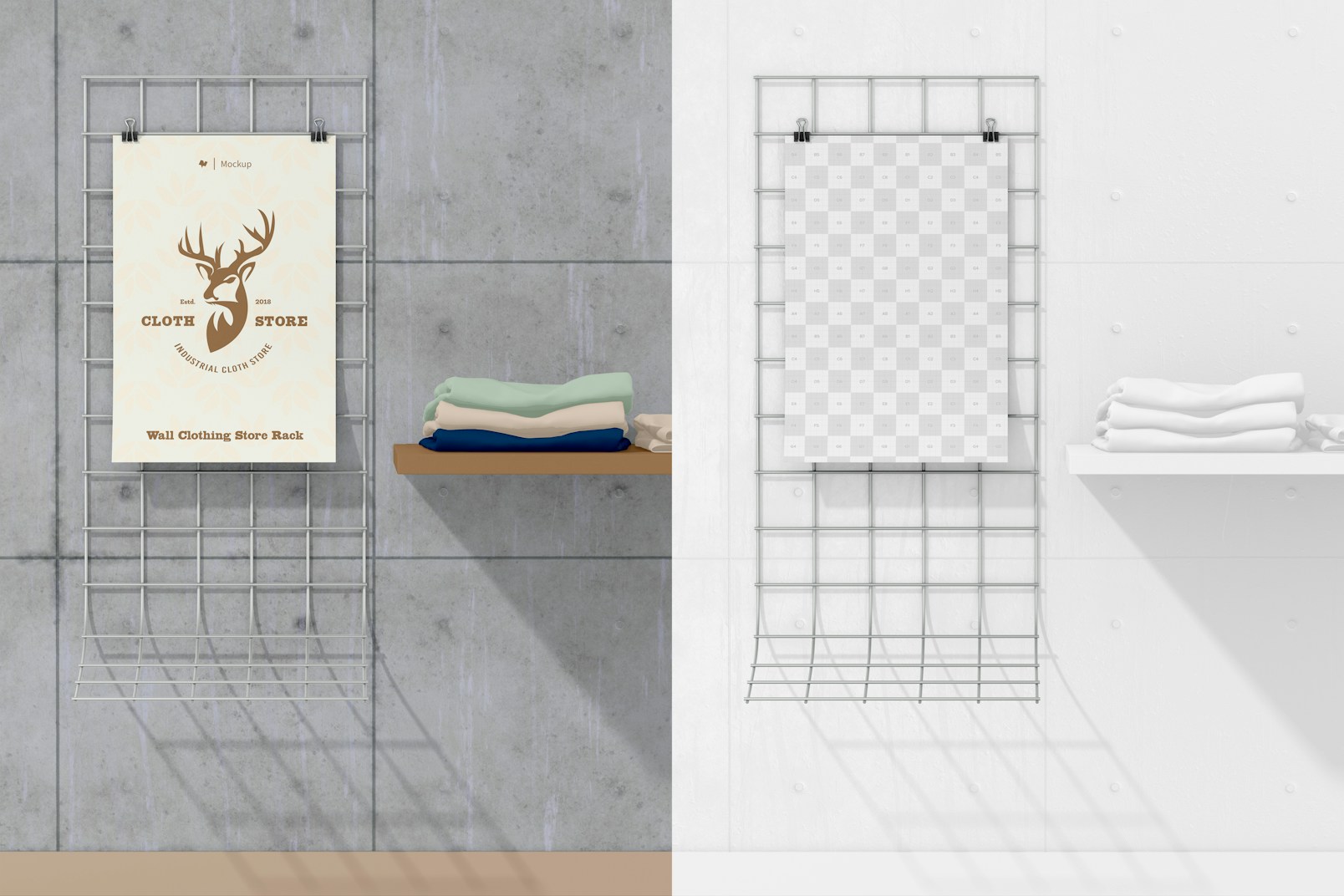 Wall Clothing Store Rack Mockup, Front View