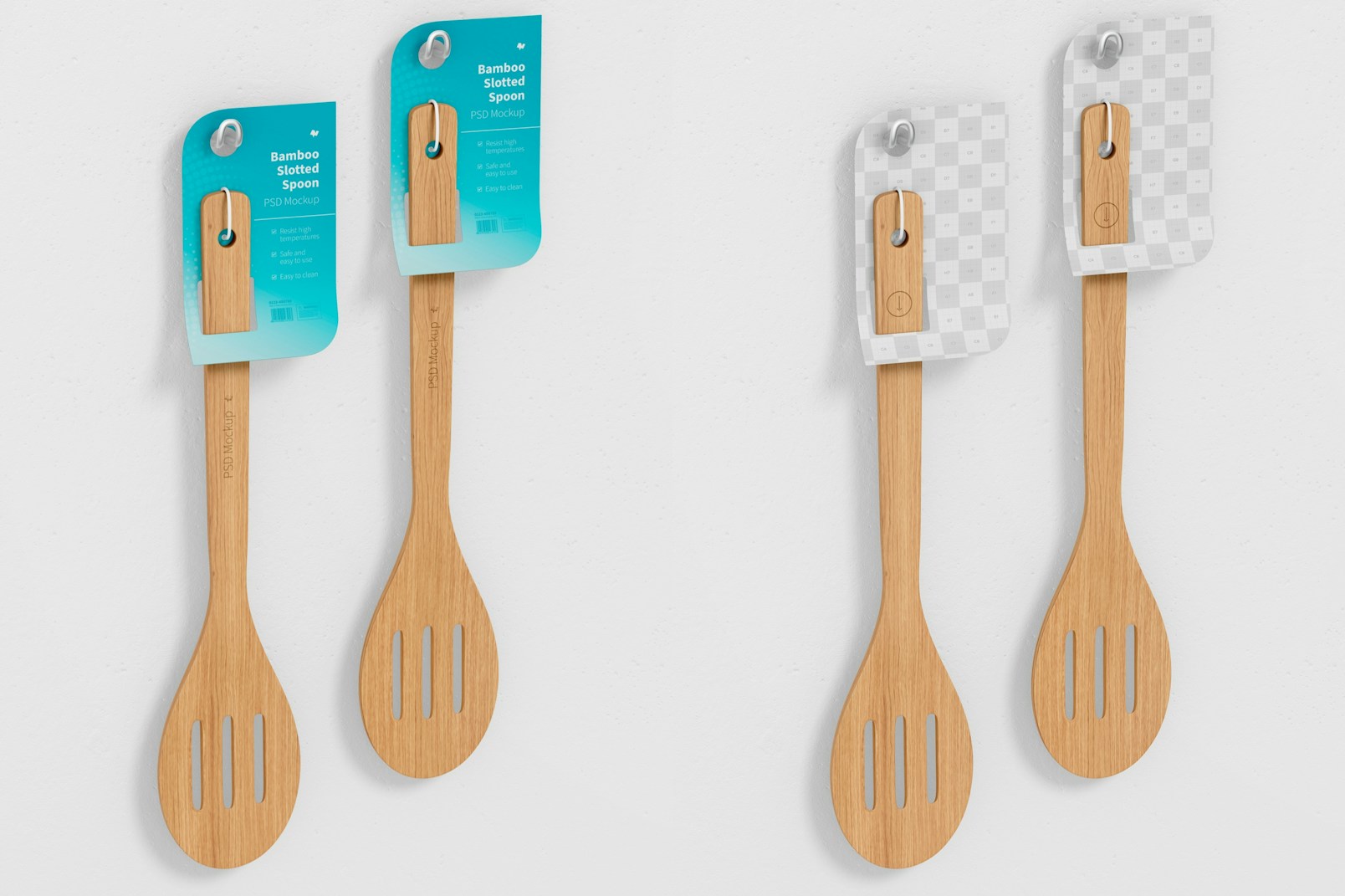 Bamboo Slotted Spoons Mockup, Hanging on Wall