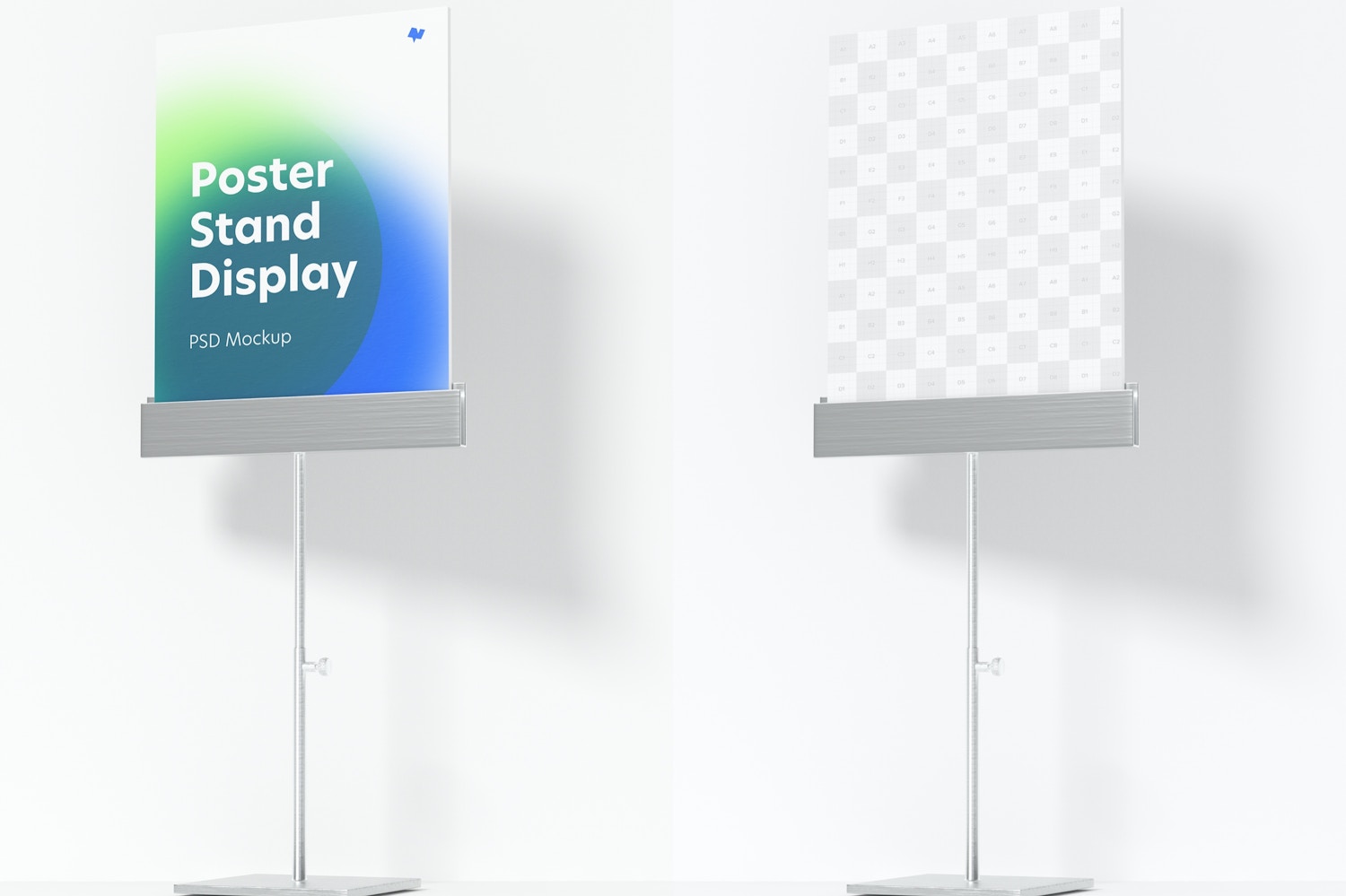 Metallic Poster Stand Display Mockup, Front View
