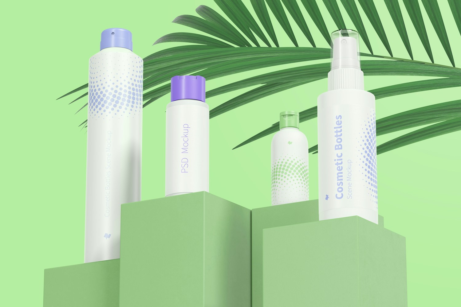 Cosmetic Bottles Scene Mockup, Low Angle View