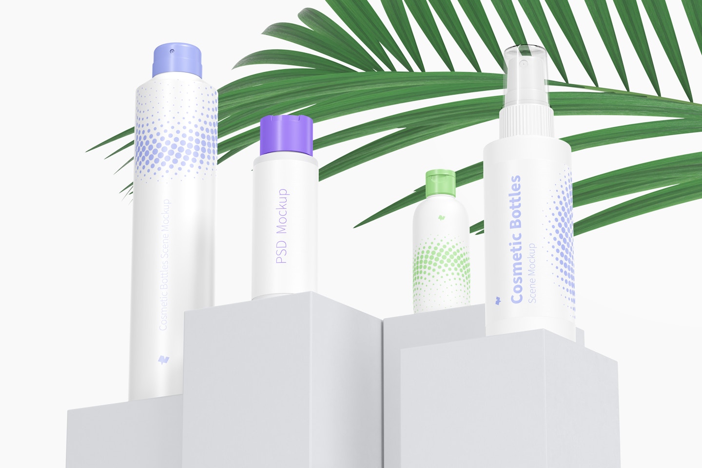 Cosmetic Bottles Scene Mockup, Low Angle View