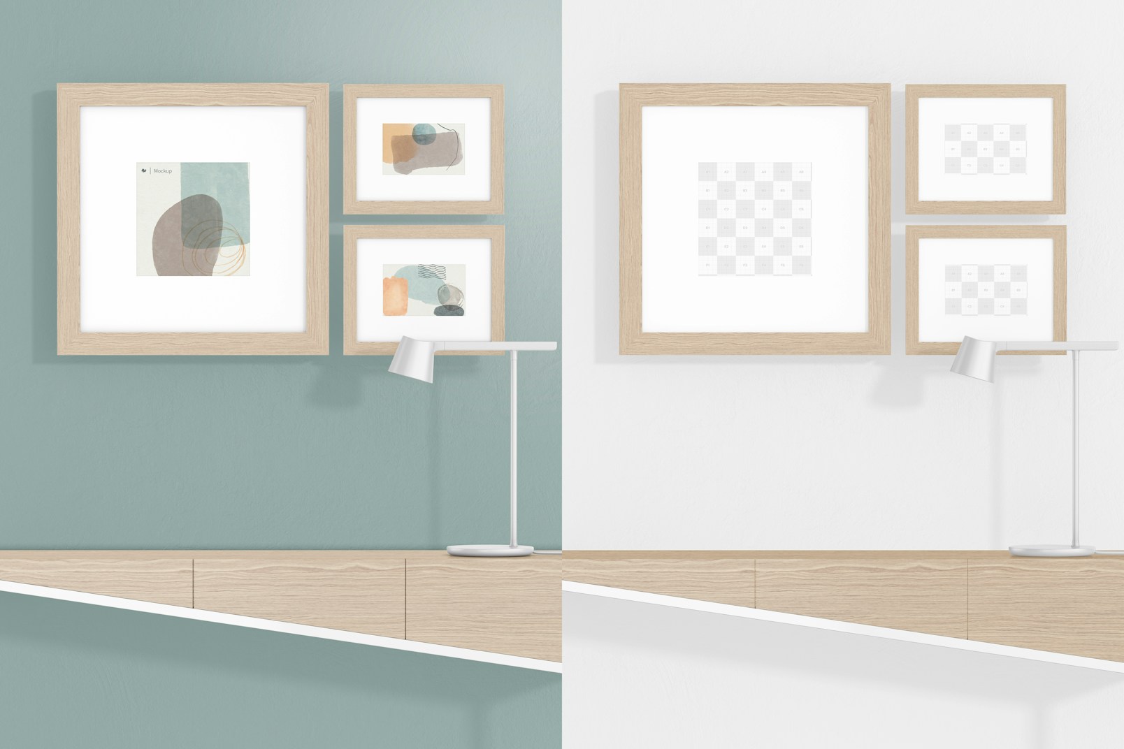 Frames with Irregular Wood Sideboard Mockup, with Lamp