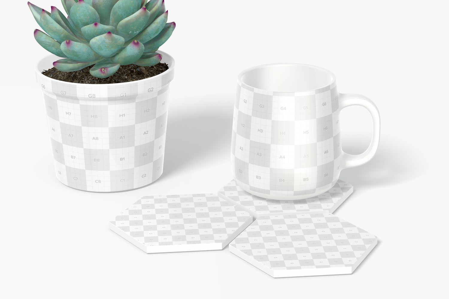 Hexagonal Coasters with Plant Pot Mockup