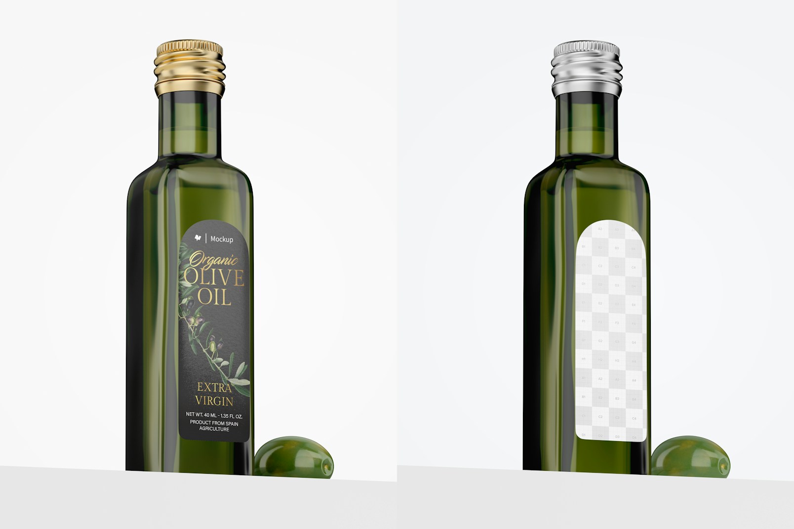 40 ml Olive Oil Bottle Mockup, Low Angle View