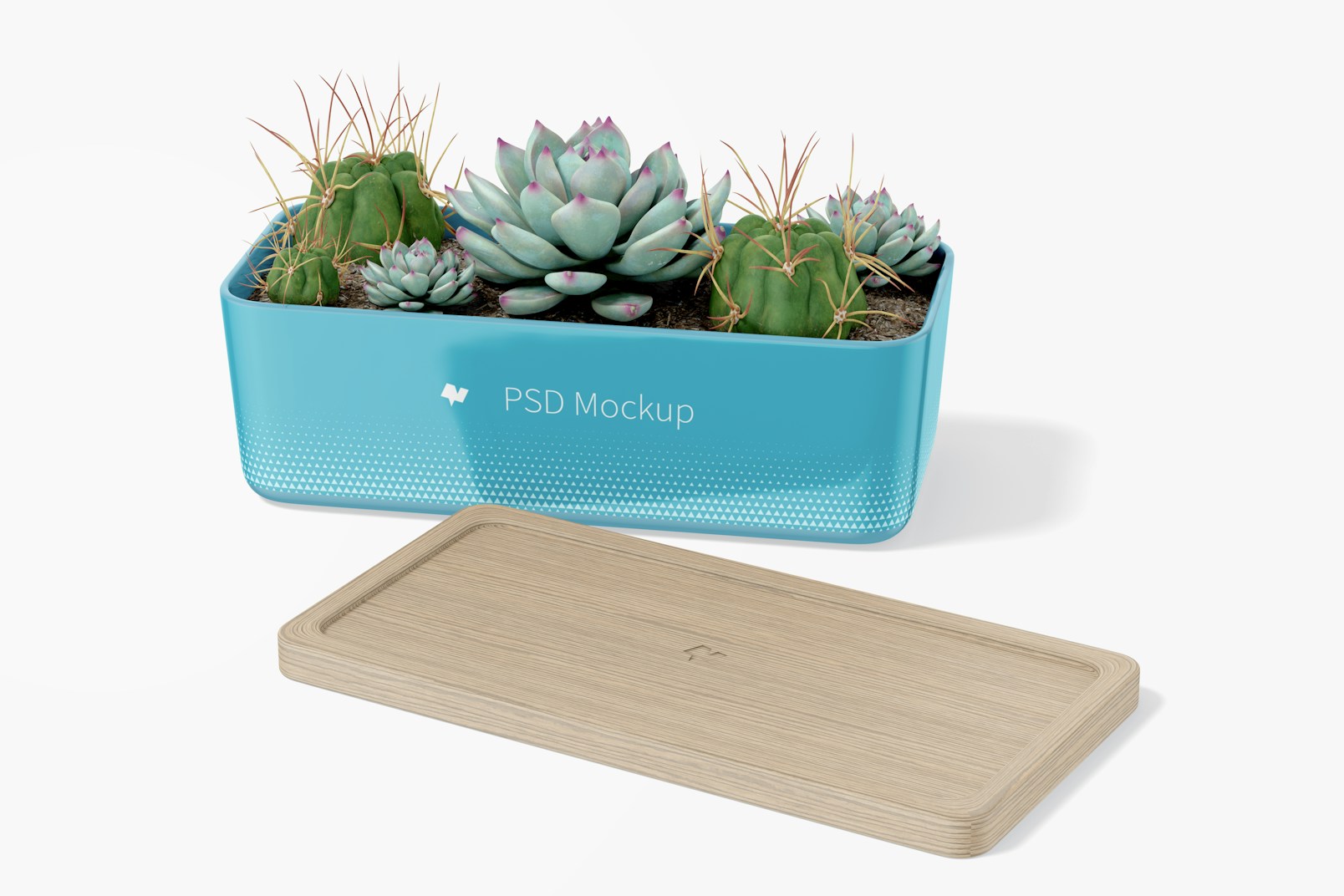 Rectangular Pot with Bamboo Tray Mockup, Front View