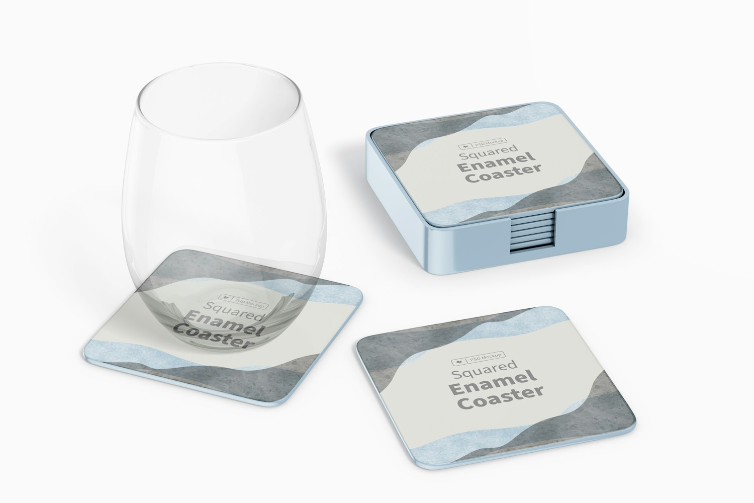 Squared Enamel Coasters with Glass Mockup