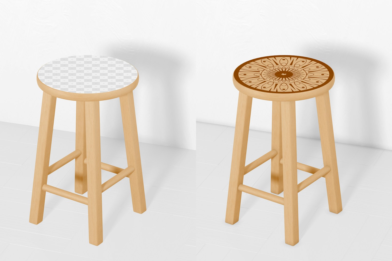 Round Wooden Stool Mockup, Front View