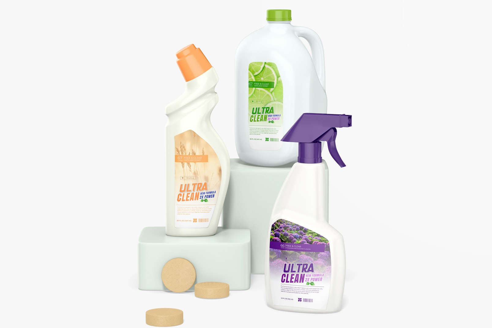 Cleaning Products Scene Mockup, on Podiums