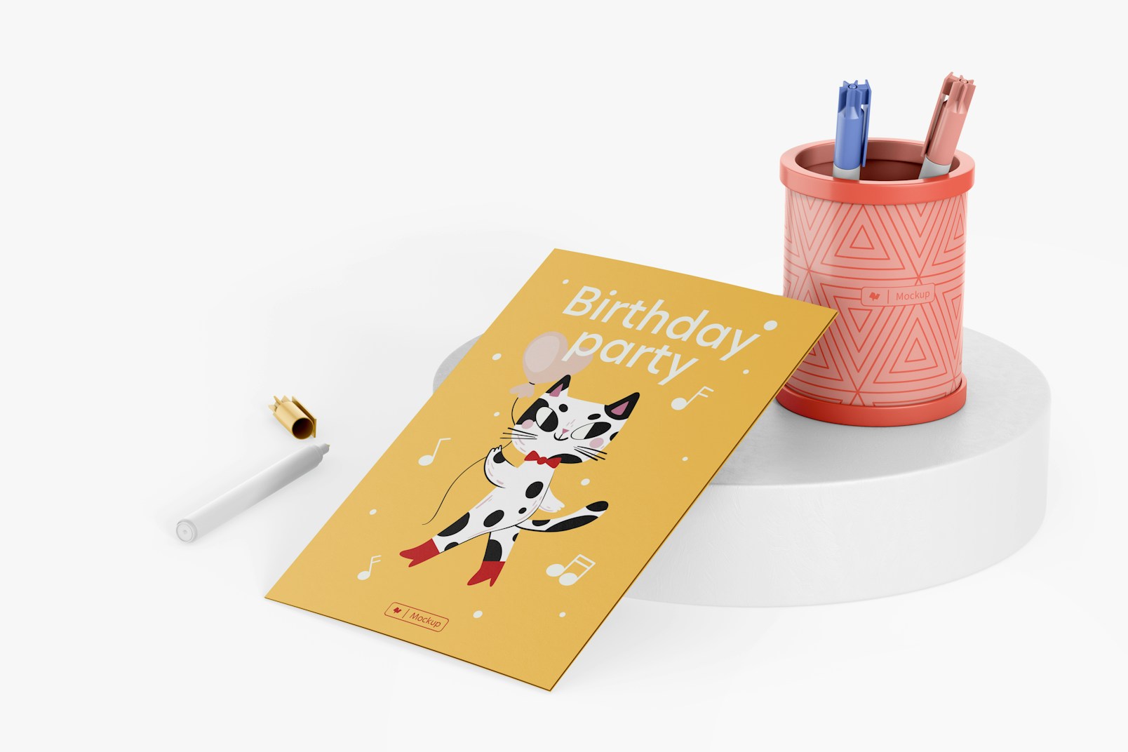 Round Pen Holder with Greeting Card Mockup, Perspective