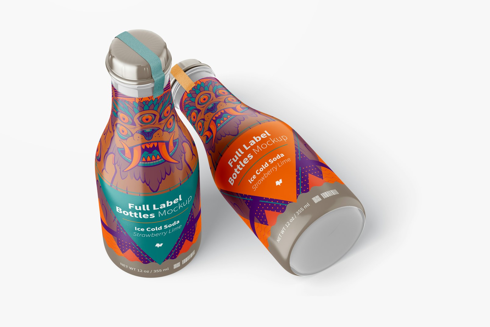 12 Oz Full Label Bottles Mockup, Standing and Dropped