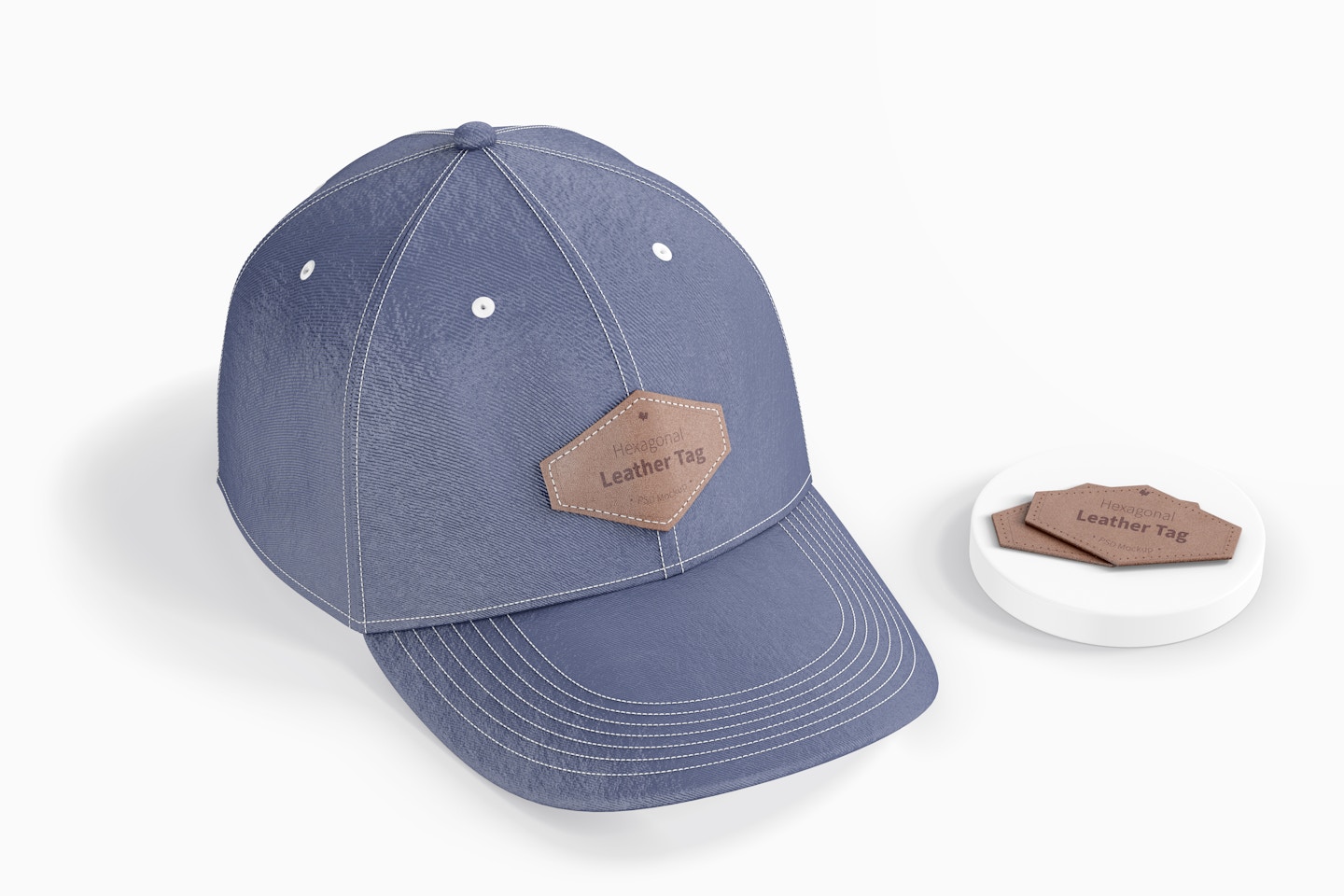 Hexagonal Leather Tags on Cap Mockup