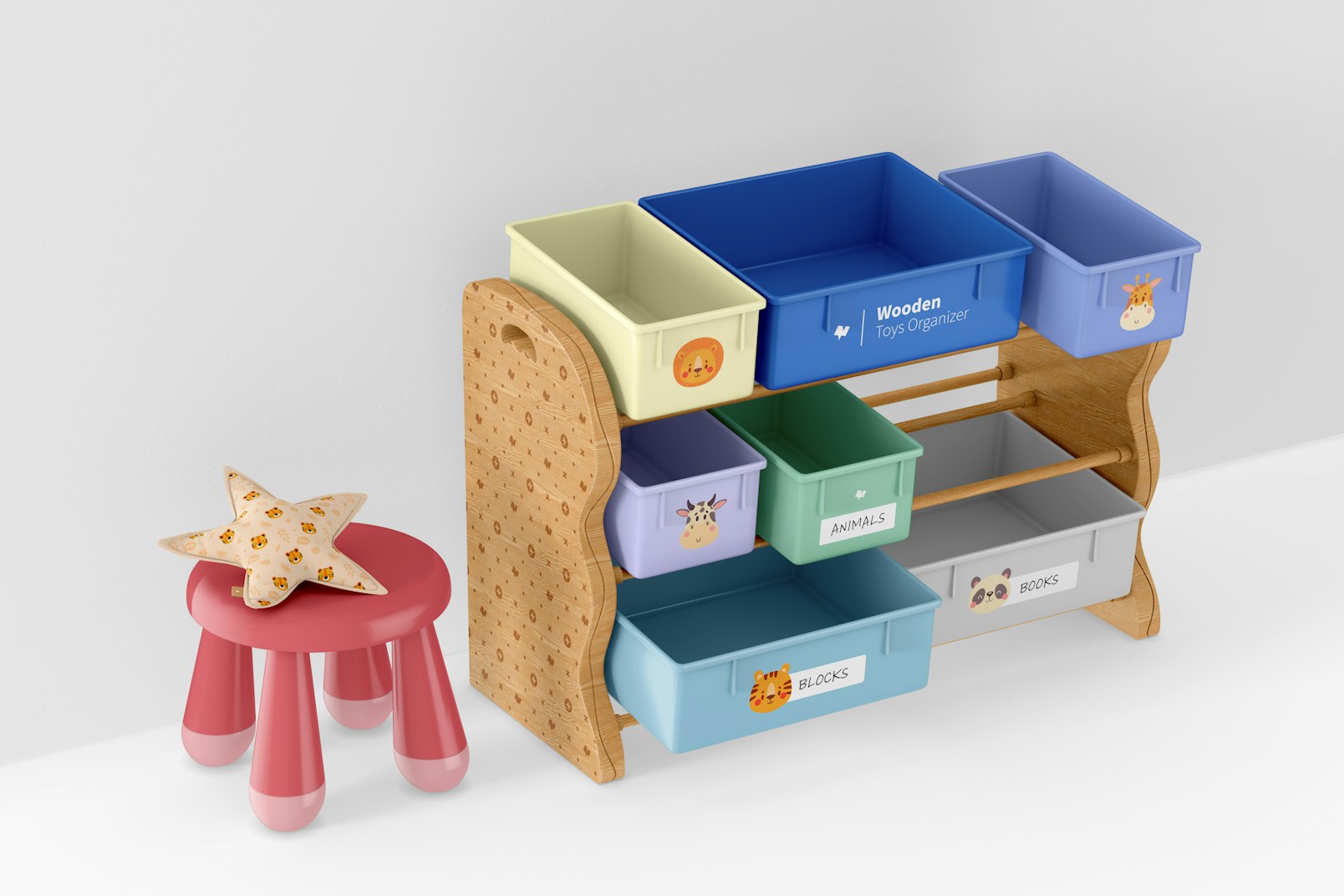Wooden Toys Organizer with Stool Mockup
