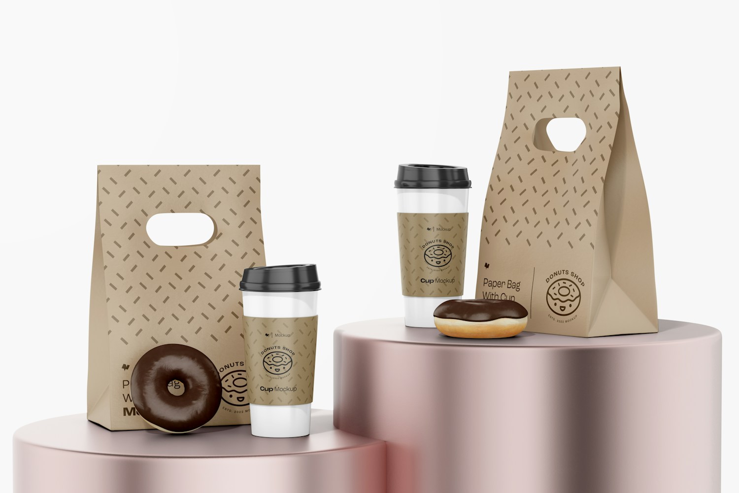 Paper Bags with Cup Mockup, on Surfaces