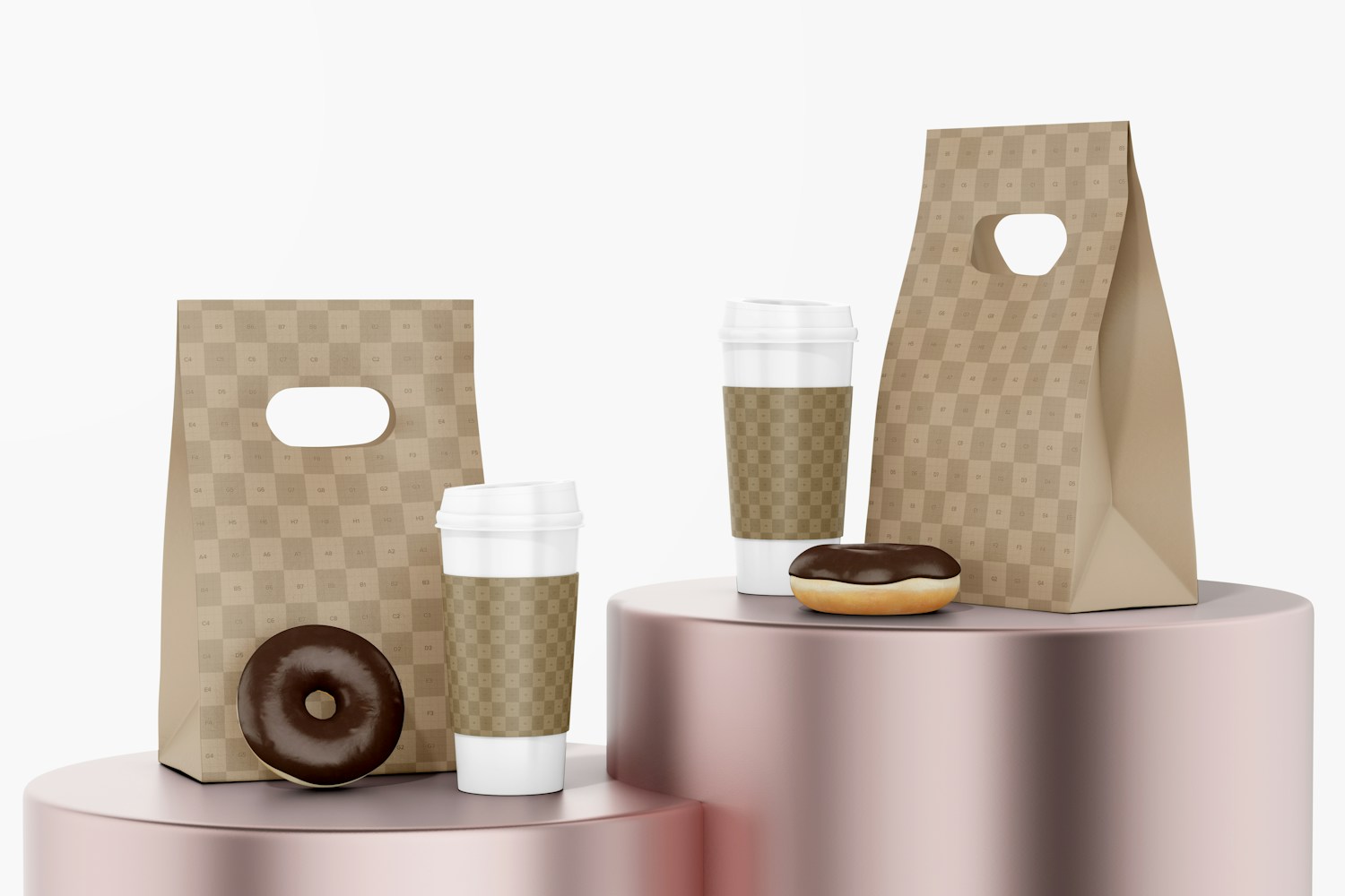 Paper Bags with Cup Mockup, on Surfaces