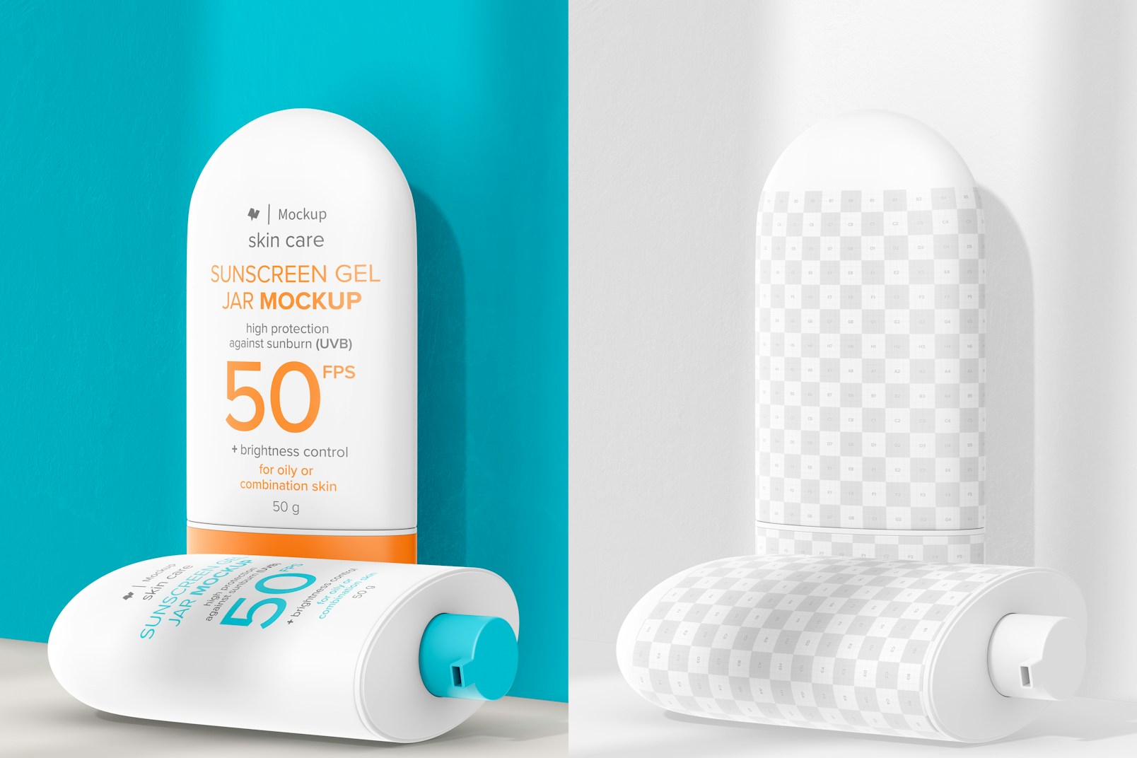 Sunscreen Gel Jars Mockup, Standing and Dropped