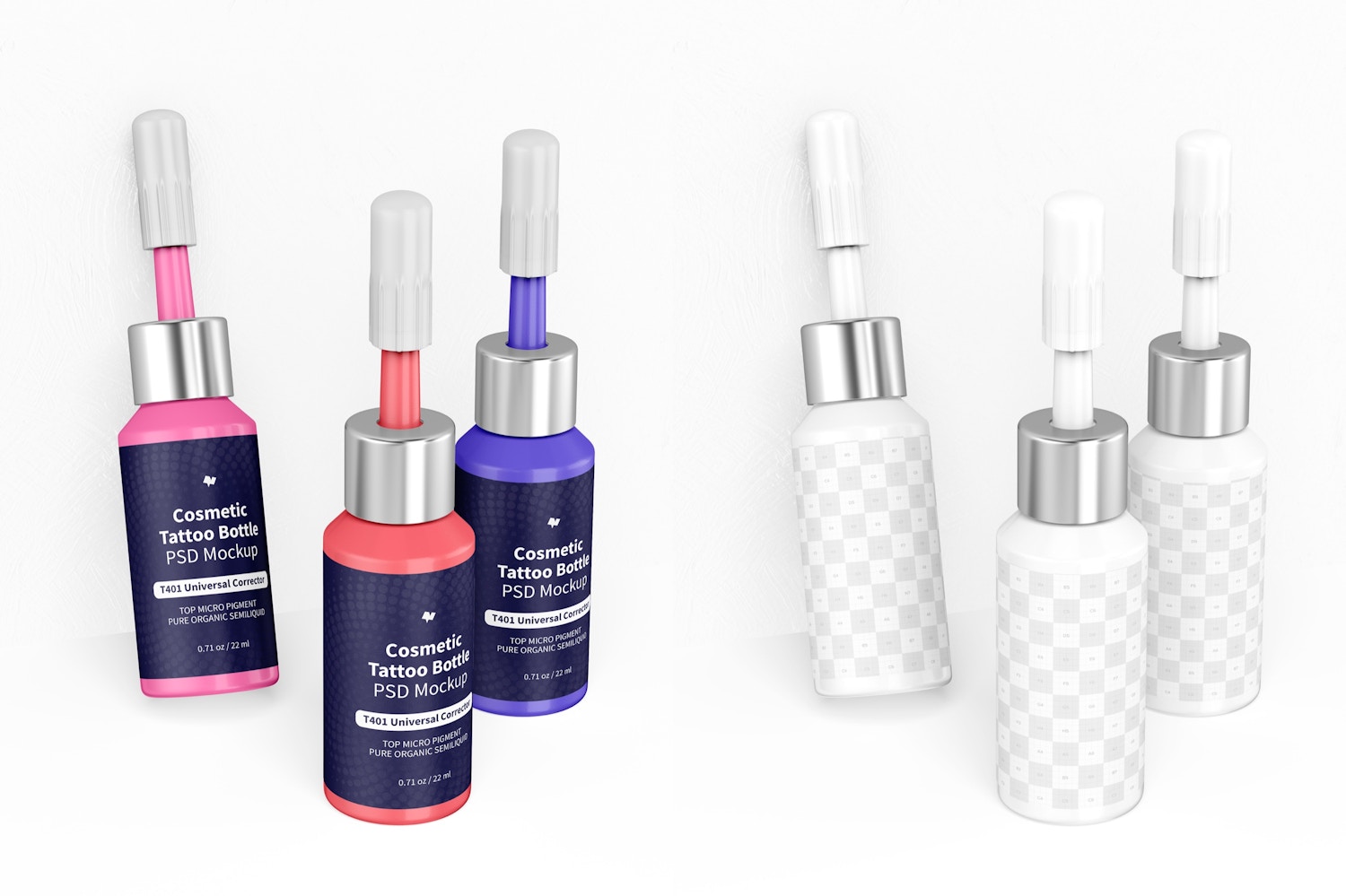 Cosmetic Micro Pigment Tattoo Bottles Mockup, Leaned Cosmetic Micro Pigment Tattoo Bottles Mockup, Leaned