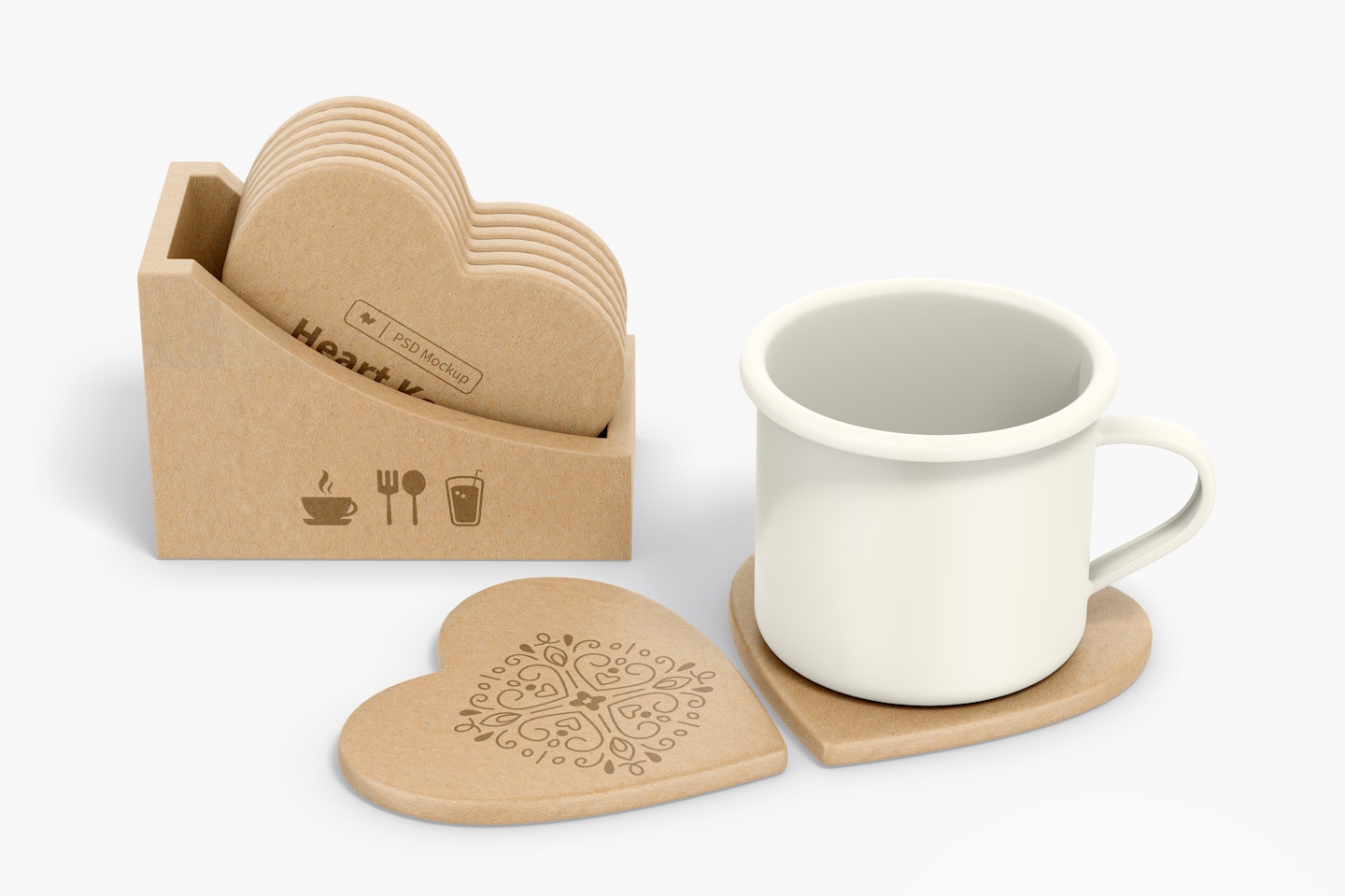 Heart Kraft Coasters with Mug Mockup