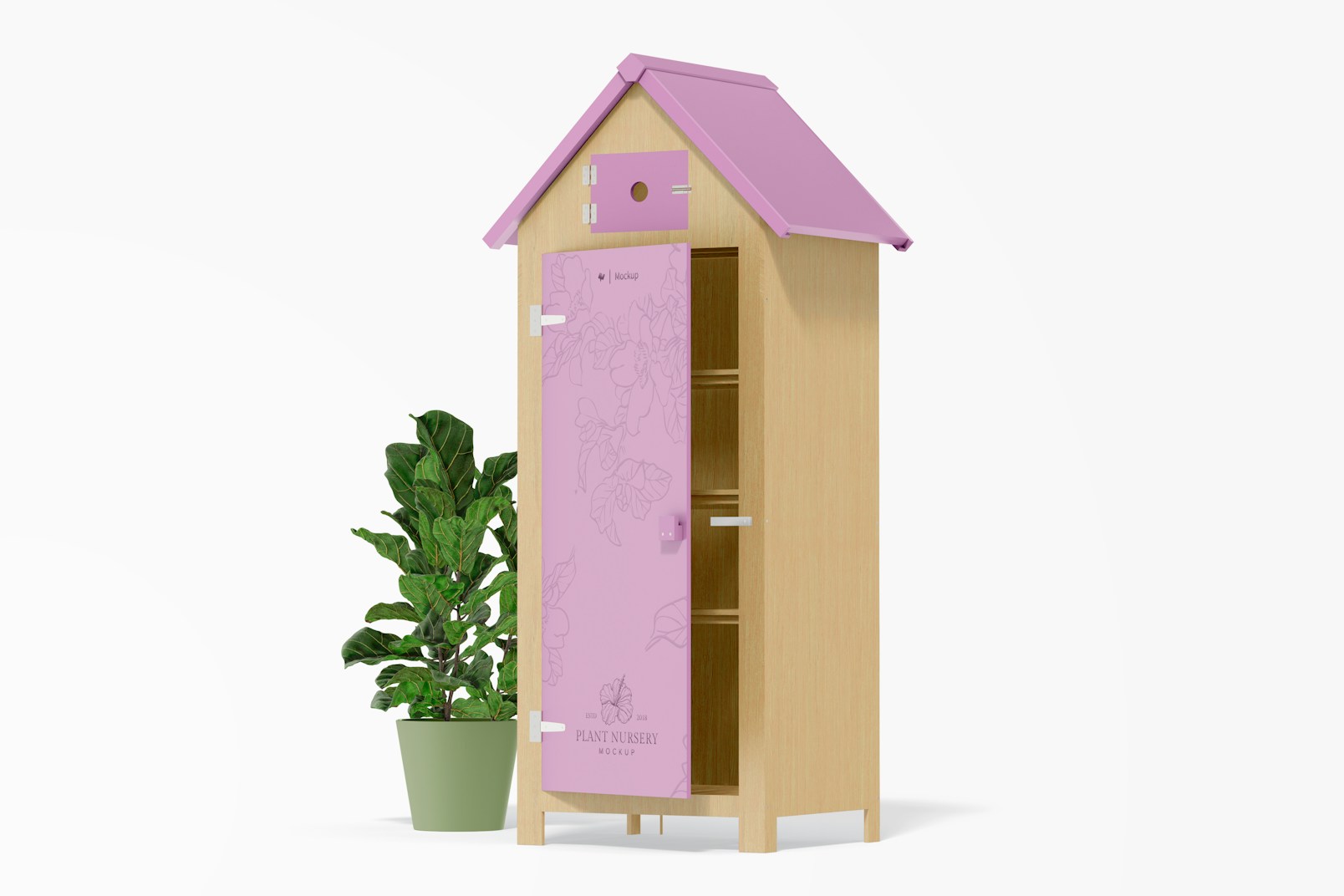 Wooden Garden Cabinet Mockup, with Plant