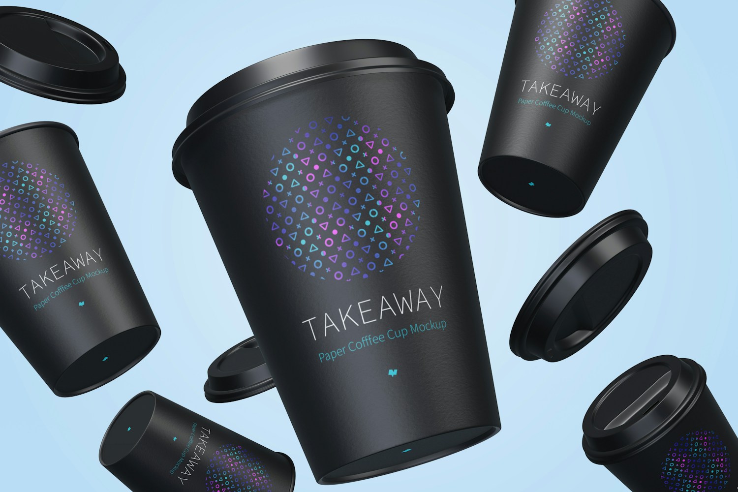 12oz Paper Coffee Cups with Caps Mockup, Falling