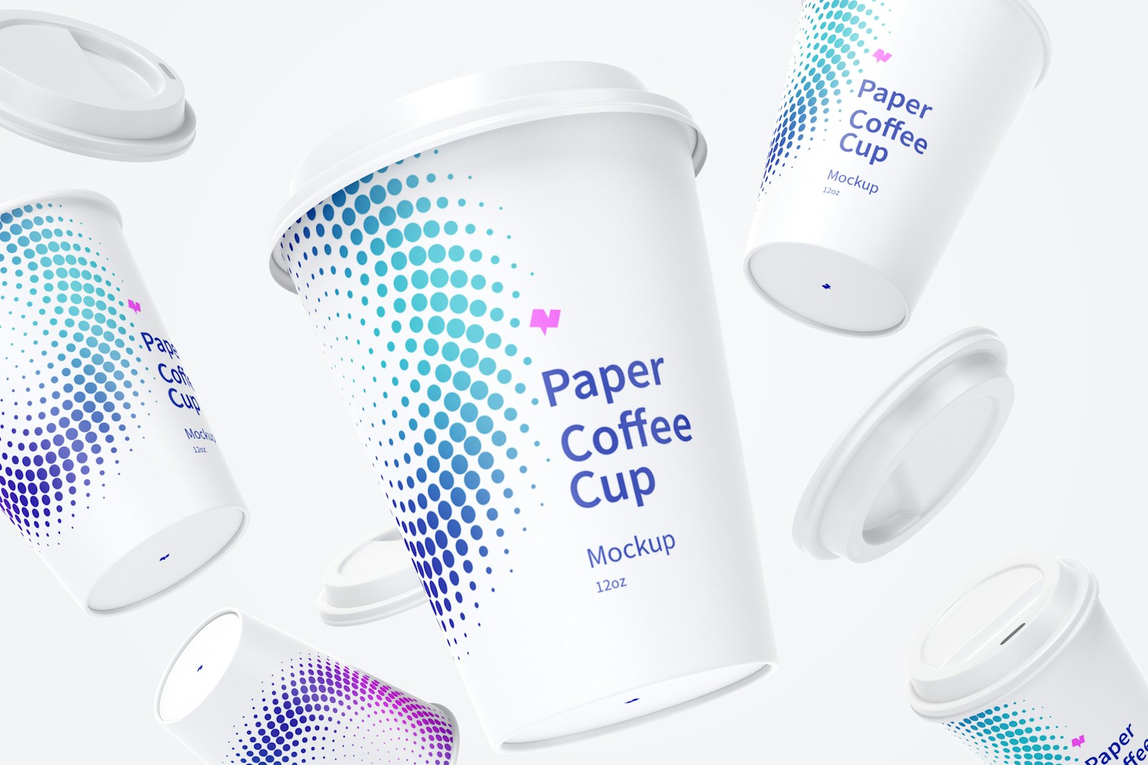 12oz Paper Coffee Cups with Caps Mockup, Falling