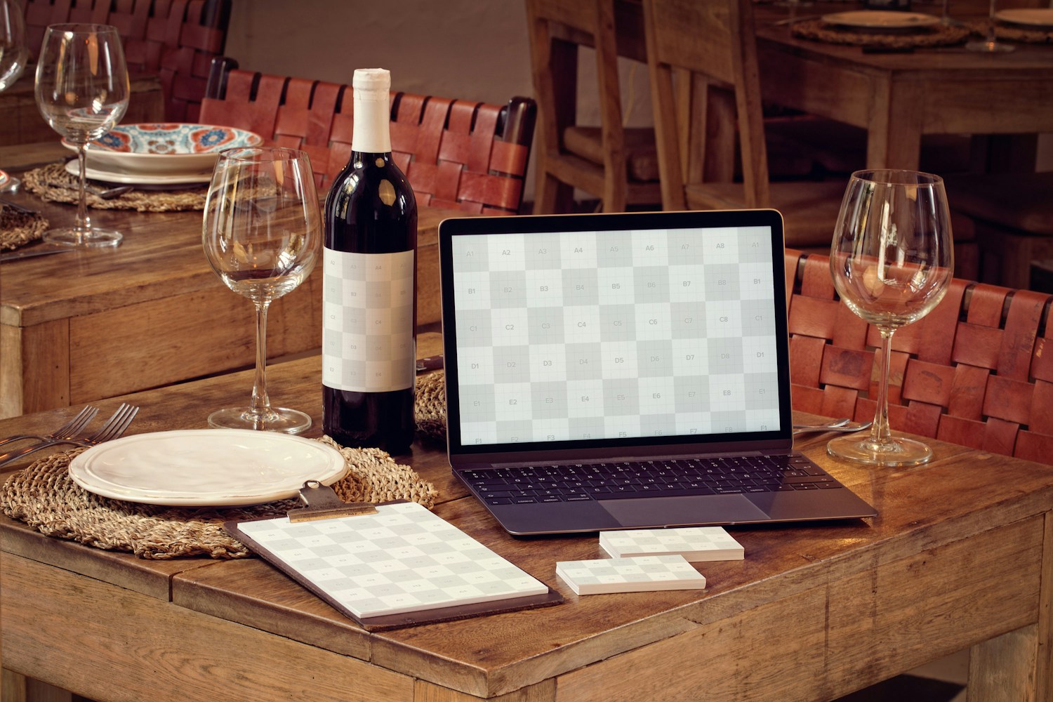 Wine Bottle, MacBook, Business Cards and Menu Mockup