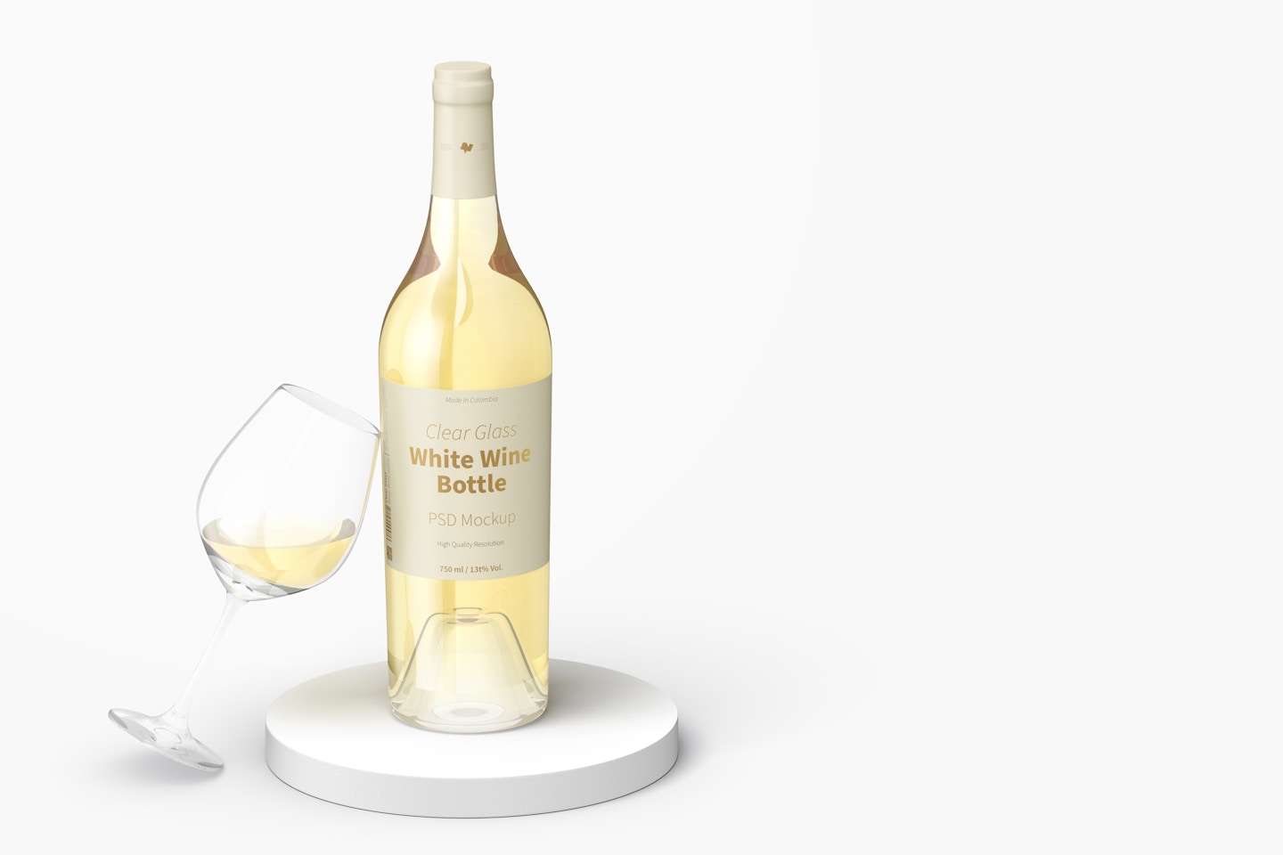 Maqueta de Botella de Vino Blanco de Vidrio Transparente con Copa de Vidrio