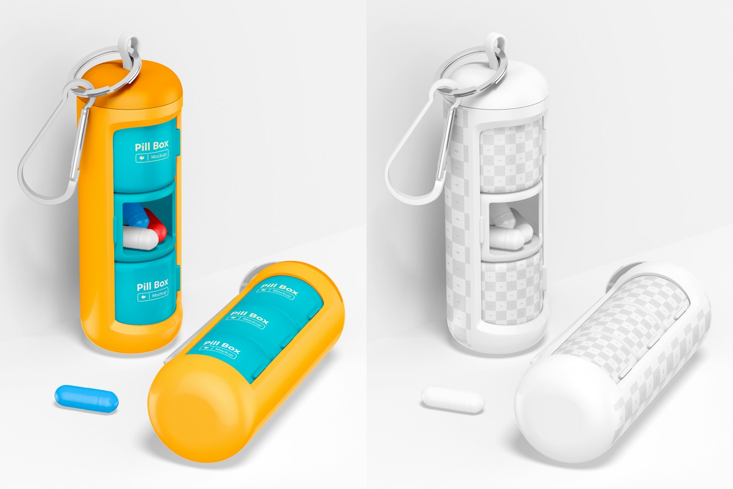 Pill Boxes Keychain Mockup, Perspective Pill Boxes Keychain Mockup, Perspective