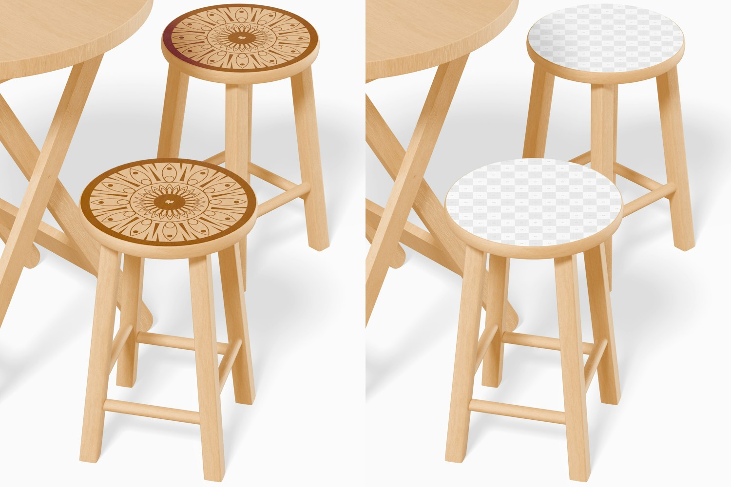 Round Wooden Stools with Table Mockup, Close Up
