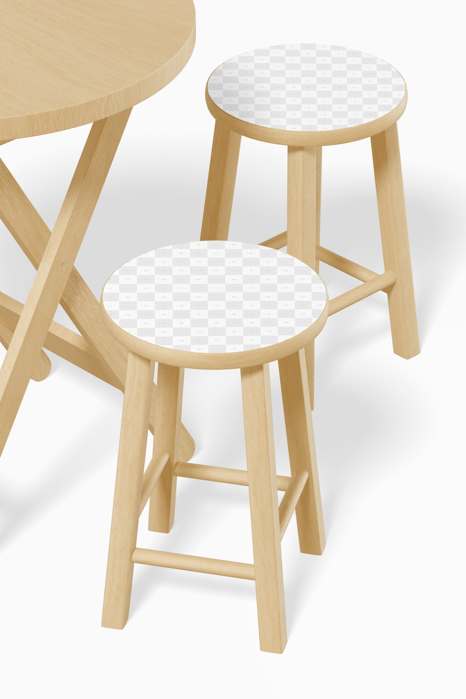 Round Wooden Stools with Table Mockup, Close Up