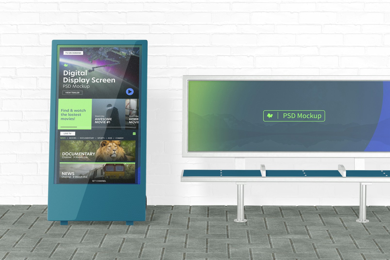 Digital Display Screen with Advertising Bench Mockup