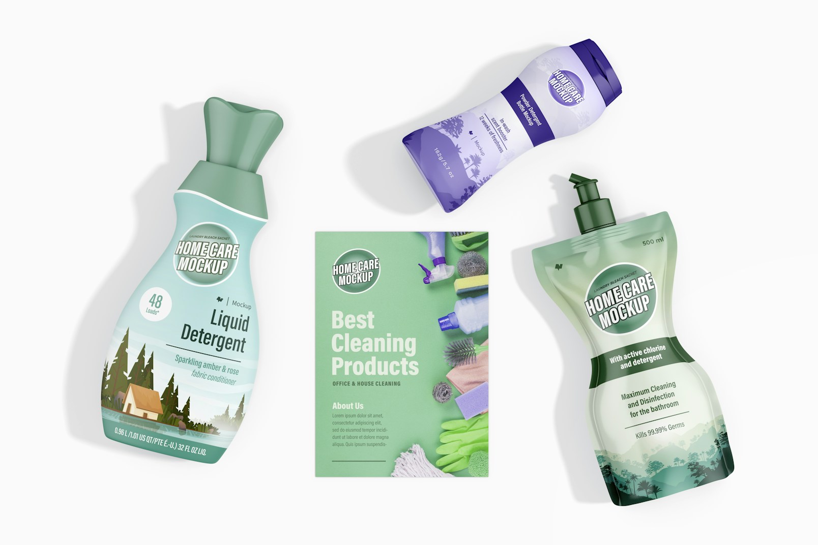 Cleaning Products with Stationery Mockup, Top View