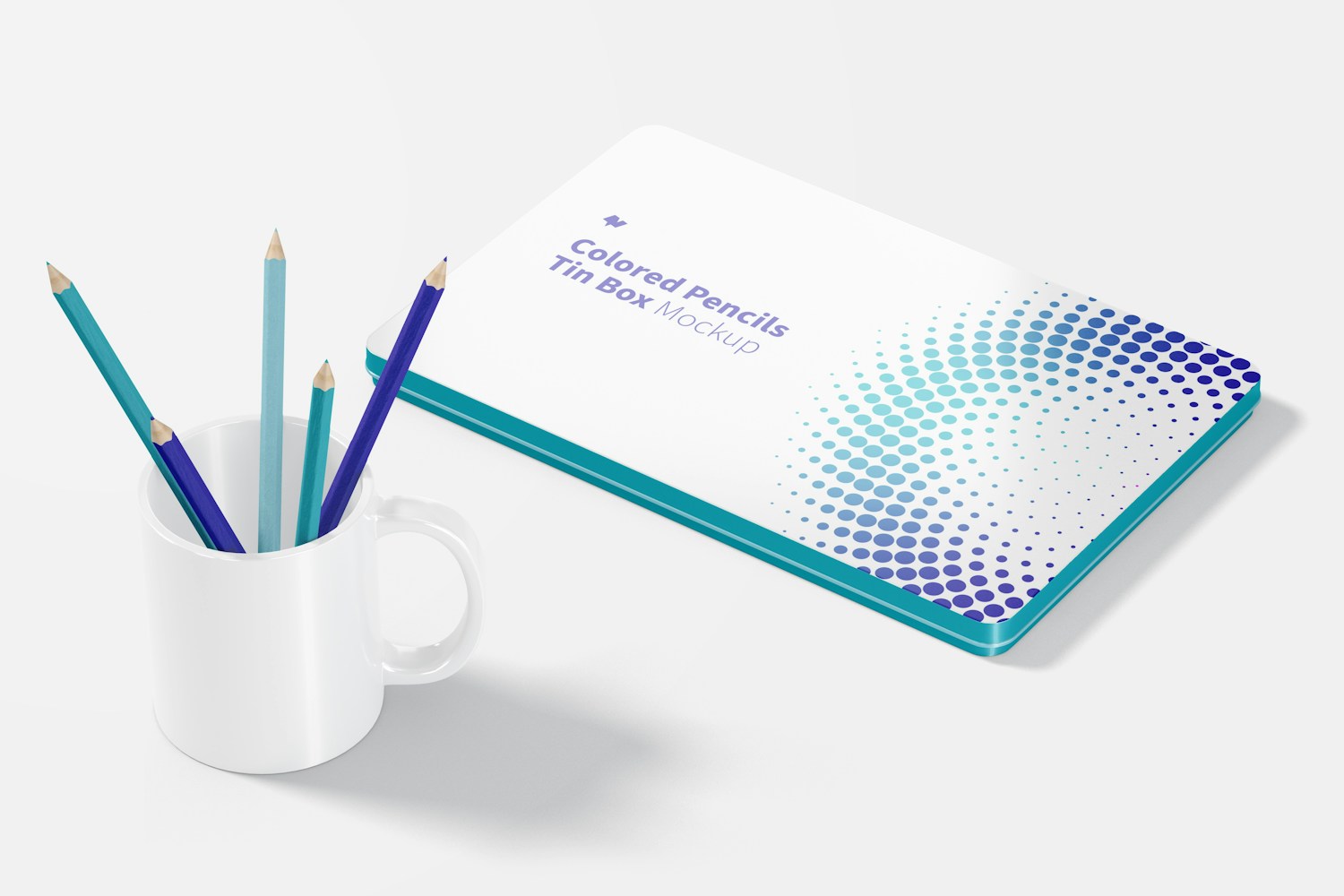 Colored Pencils Tin Boxes with Mug Mockup Colored Pencils Tin Boxes with Mug Mockup