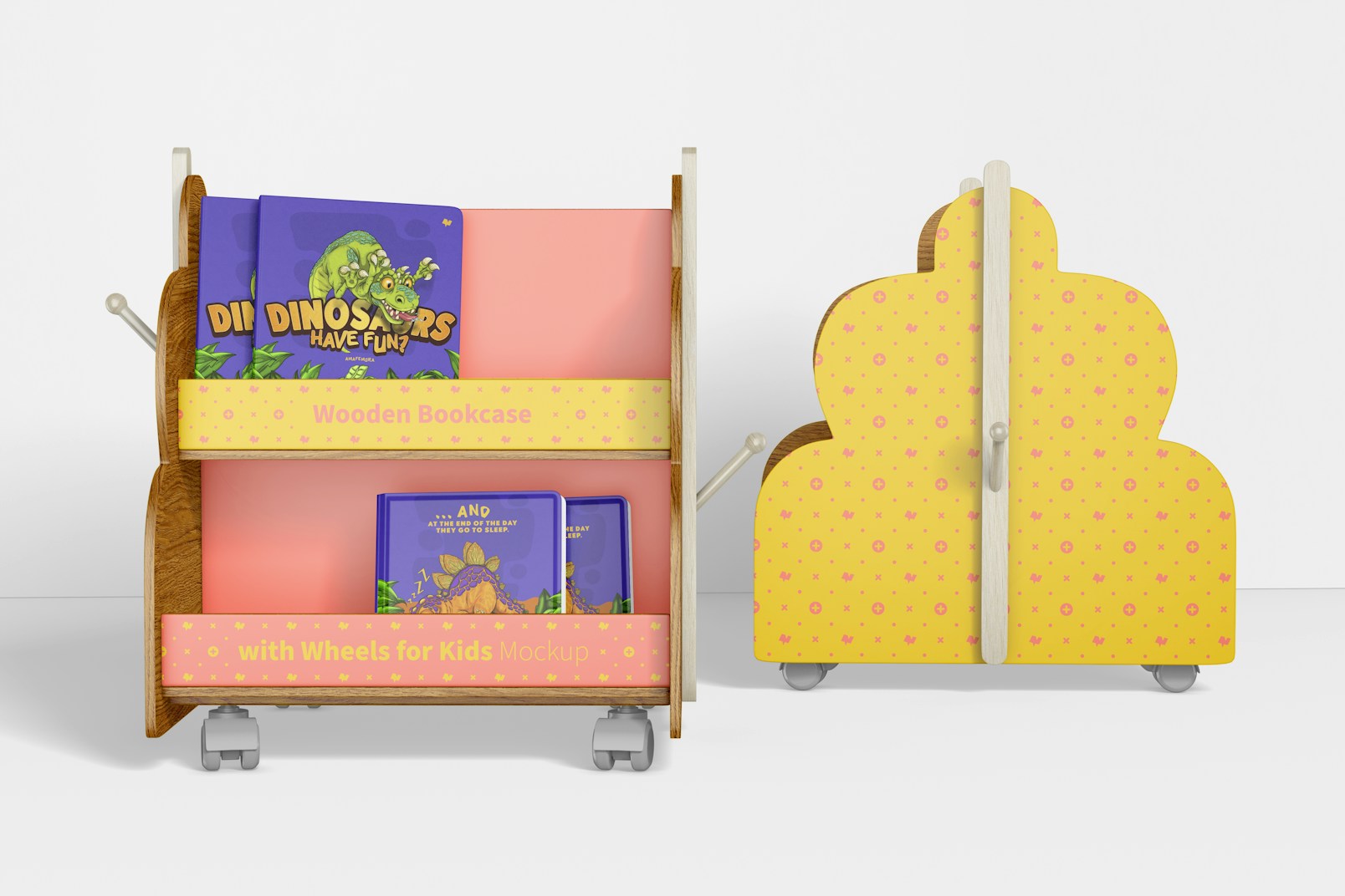 Wooden Bookcases with Wheels for Kids Mockup, Front View