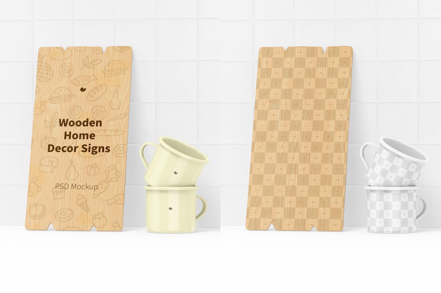 Wooden Home Decor Sign with Mugs Mockup