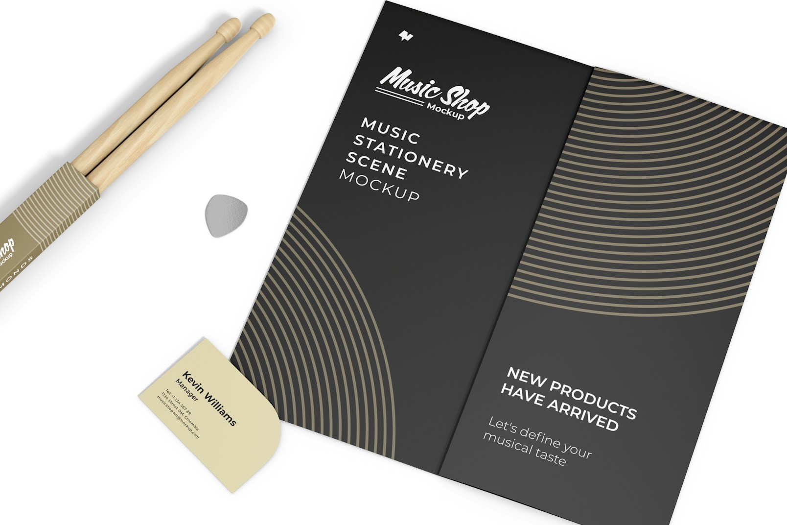 Music Shop Stationery Scene Mockup, Top View