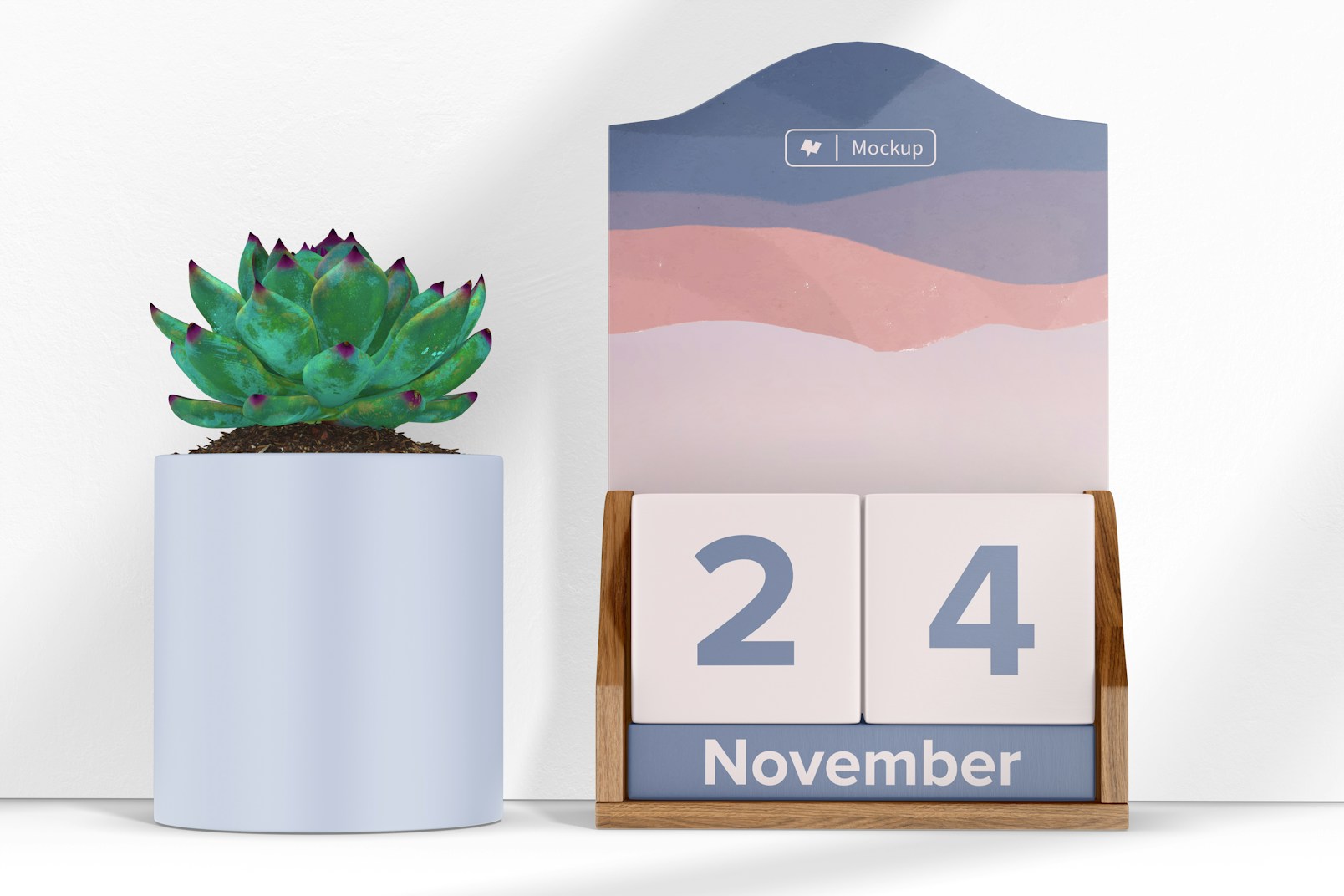Wooden Infinite Desk Calendar Mockup, with Plant Pot
