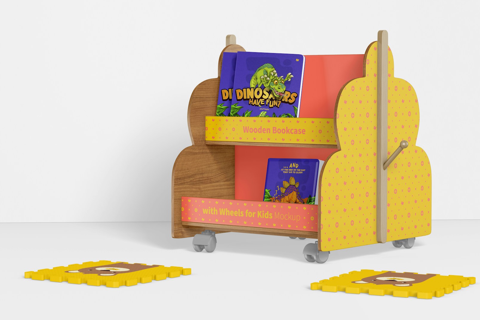 Wooden Bookcase with Wheels for Kids Mockup, Right View