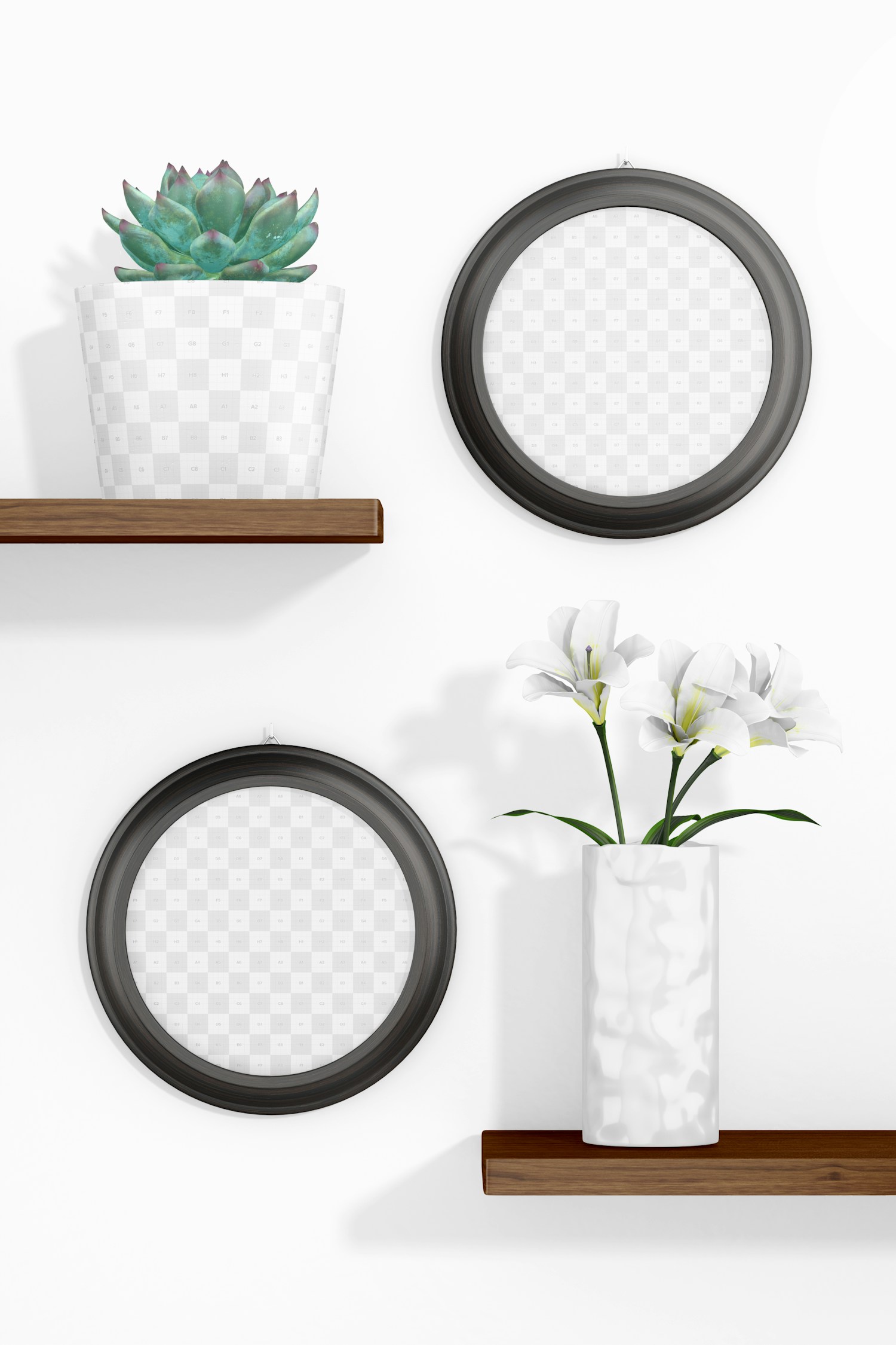 Round Photo Frames with Shelves Mockup