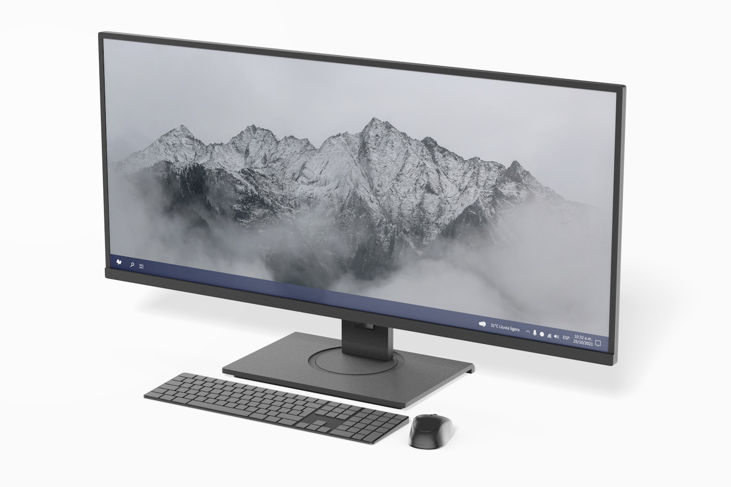 Ultrawide Computer Monitor with Keyboard and Mouse  Mockup